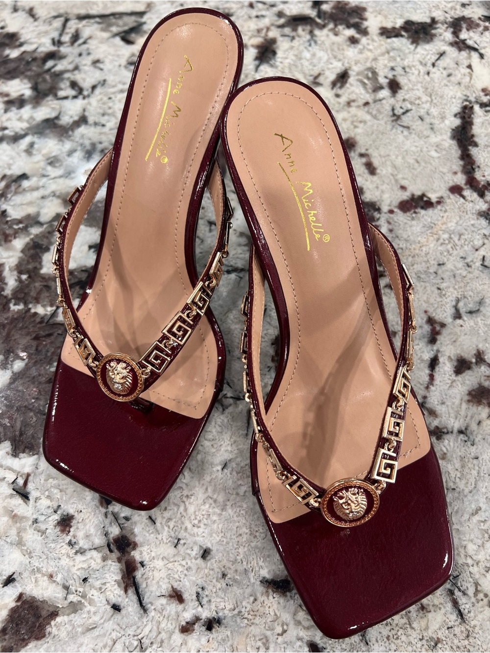 Anne Michelle Burgundy Square-Toe Slide Heels with Gold Medallion